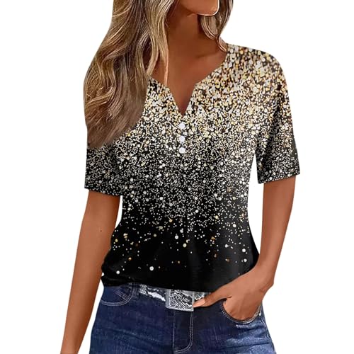 Oversize Shirt Damen Blumenmuster Kurzarm T Shirt V-Ausschnitt Henley Shirt Mit Knopfleiste Casual Trainingsshirt Sommer Oberteile Ausgefallene Bluse Frauen Regular Fit Musselin Bluse Locker Laufshirt von RMBLYfeiye