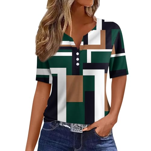 Oversize Shirt Damen Blumenmuster Kurzarm T Shirt V-Ausschnitt Henley Shirt Mit Knopfleiste Casual Trainingsshirt Sommer Oberteile Ausgefallene Bluse Frauen Regular Fit Musselin Bluse Locker Laufshirt von RMBLYfeiye