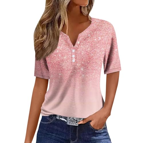 Oversize Shirt Damen Blumenmuster Kurzarm T Shirt V-Ausschnitt Henley Shirt Mit Knopfleiste Casual Trainingsshirt Sommer Oberteile Ausgefallene Bluse Frauen Regular Fit Musselin Bluse Locker Laufshirt von RMBLYfeiye