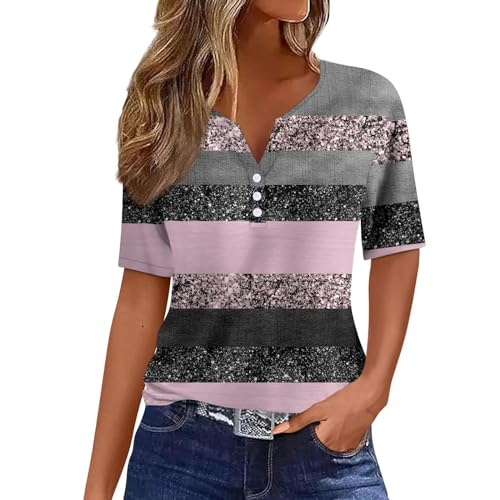 Oversize Shirt Damen Blumenmuster Kurzarm T Shirt V-Ausschnitt Henley Shirt Mit Knopfleiste Casual Trainingsshirt Sommer Oberteile Ausgefallene Bluse Frauen Regular Fit Musselin Bluse Locker Laufshirt von RMBLYfeiye