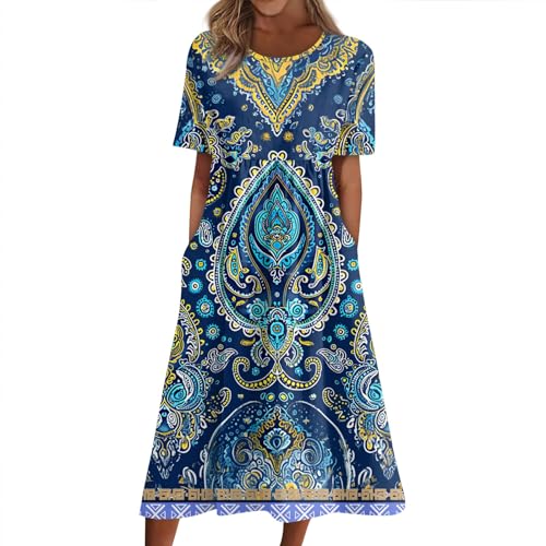 RMBLYfeiye Angebote des Tages Heute Damen Damen Sommerkleid Elegantes Kleid Damen Festlich Bandeau Kleid Damen Rundhalsausschnitt Blumenmuster Kurzarm Ballkleider Mit Taschen Boho-Kleid (Blau, M) von RMBLYfeiye