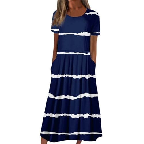 RMBLYfeiye Angebote des Tages Heute Sommerkleid Damen Lang Kleid Lang Damen Festlich Spaghettiträger Kleid Damen Rundhals Gestreifter Druck Kurzarm Ballkleider Mit Taschen Maxi Kleid (Dunkelblau, XL) von RMBLYfeiye