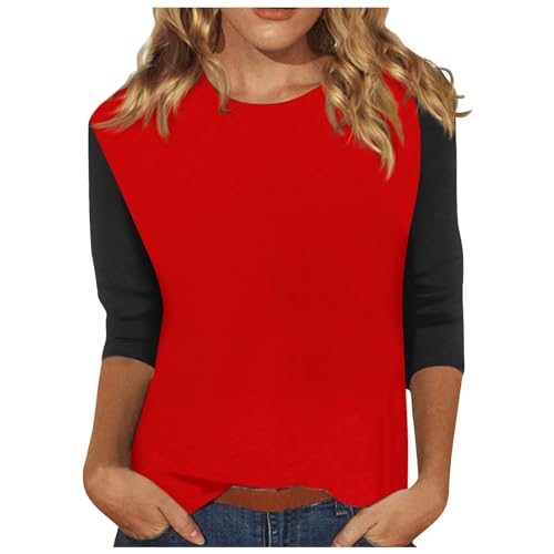 RMBLYfeiye Bluse Damen Elegant Dirndl Bluse Langärmlig Damen Sweatshirt Rundhals Raglan Dreiviertelarm Shirt Basic Sweatshirt Klassisch Sport Shirt Ausgefallene Oberteile Musselin Bluse (Rot, XXL) von RMBLYfeiye