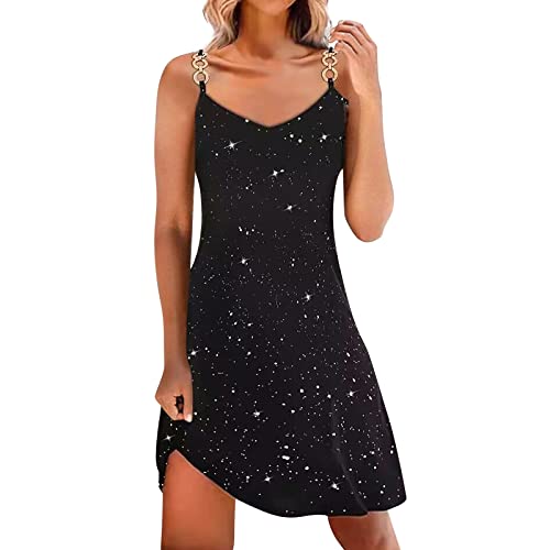 RMBLYfeiye Damen V-Ausschnitt Ärmellose Knielang pailettenkleider Elegant Spaghetti Festlich Ballkleid Cocktailkleider Metallschlaufen Midikleid Festliche Glitzer Kleid 50s Rockabilly Kleid von RMBLYfeiye