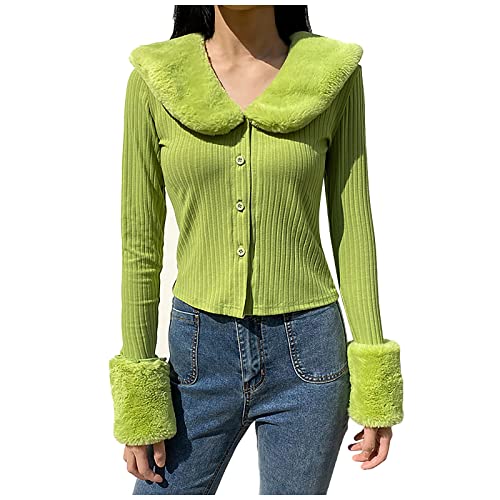 RMBLYfeiye Damen Y2k Langarm Strickpullover mit Fell Einreihiger Pelzkragen Warme Sexy Strickjacke Flauschiger Pelzmantel Strickpullover Schlanke Bluse Frau Herbst Winter Streetwear von RMBLYfeiye