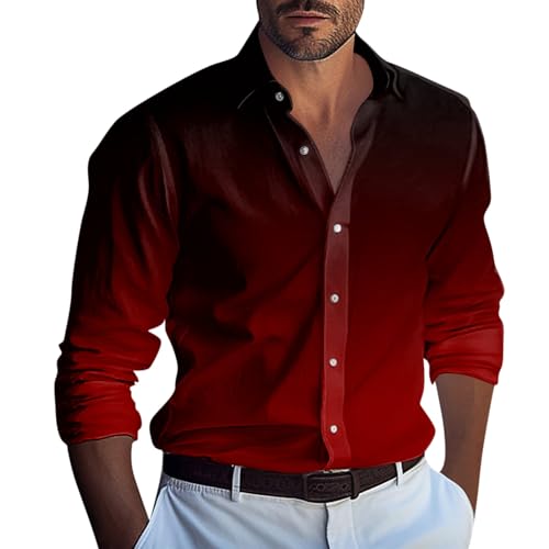 RMBLYfeiye Holzfällerhemd Herren Laufshirt Herren Langarm Overshirt Herren Revers Farbverlauf Strandhemd Langarm Knopfleiste Weich Oversized Tshirt T-Shirt (Deep Red, XL) von RMBLYfeiye