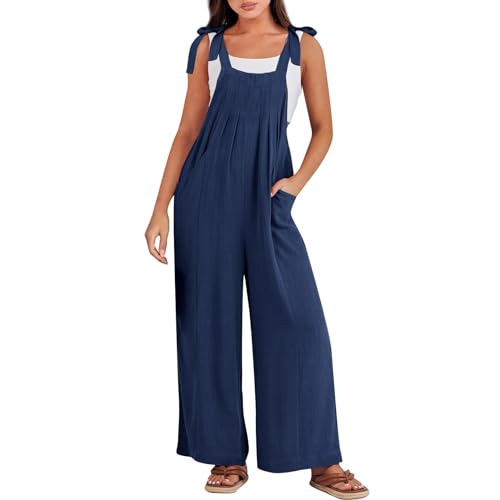 RMBLYfeiye Hosenanzug Damen Festlich Jogginganzug Damen Set Elegante Kleidung Damen Einfarbiges Baumwoll Leinen Jumpsuit Mit Taschen Ärmelloser Jumpsuit Spaghetti Overall One Piece (Blau, M) von RMBLYfeiye