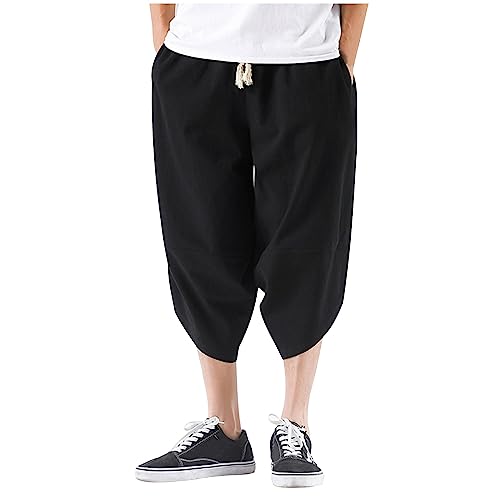 RMBLYfeiye Leinenhose Herren Einfarbiges Tunnelzug 3/4 Hose mit Taschen weites Bein Schlupfhose locker Dreiviertel Hose Baumwoll leinen Jogginghose Stretch Sommerhose Cropped Pants Haremshose von RMBLYfeiye