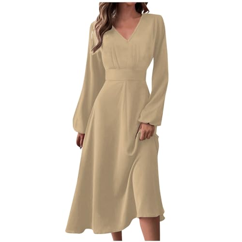 RMBLYfeiye Maxikleid Damen Einfarbiges V-Ausschnitt Laternenärmel Freizeitkleid Hohe Taille Tunika Kleid A Linien Cocktailkleid Ballkleider Lang Rockabilly Kleider Outdoor Kleid Abschlussballkleid von RMBLYfeiye