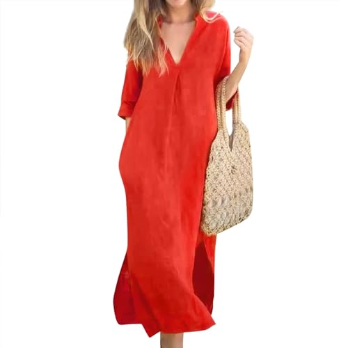 RMBLYfeiye Meine Bestellungen Abendkleider Lang Damen Sommerkleid Kleider Machen Leute Baumwoll Leinen Einfarbiges Sommerkleid 3/4 Arm V-Ausschnitt Maxikleid Ball Kleid (Rot, L) von RMBLYfeiye