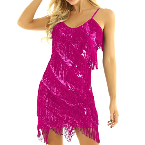 RMBLYfeiye Meine Bestellungen Anzeigen Kleid Festlich Damen Kleider Damen Sexy Kleid Damen Lang Spaghetti Quasten 1920Er Kleid Flapper Kleid Glitzer Kleid Hippie Kleid (Hot Pink, XL) von RMBLYfeiye