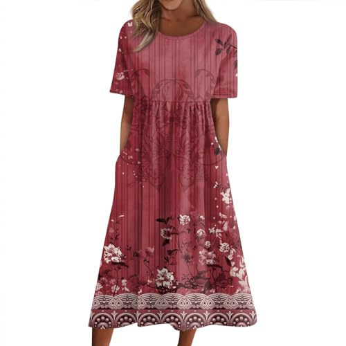 RMBLYfeiye Meine Bestellungen Damenkleider Sommer Weißes Kleid Damen A Linien Kleid Damen Festlich Rundhals Blumen Bedruckt Kurzarm Abschlusskleid Mit Taschen Enges Kleid (Rot, XXL) von RMBLYfeiye