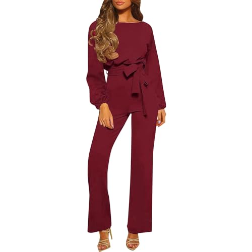 RMBLYfeiye Overall Damen Kurz Jumpsuit Kurz Damen Pyjama Jumpsuit Damen Boot-Ausschnitt Einfarbiges Festlich Hosenanzug Langarm Straight Leg Jumpsuit Mit Gürtel Hosenanzug (Wein, Xxl) von RMBLYfeiye