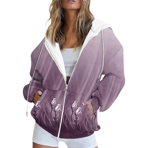 RMBLYfeiye Sale Angebote Herbst Jacken Für Damen Hoodie Damen Sweatshirt Damen Ohne Kapuze Musterdruck Sportjacke Baggy Oversize Hoodie Mit Taschen Hoodies Für Damen (Light Purple, XL) von RMBLYfeiye