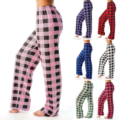 RMBLYfeiye Schlafanzughose Damen Kariert Yogahose Stretch Freizeithose Bequeme Pyjamahose Stretch Freizeithose Weich Schlafhose Mit Taschen Lounge Hose Bequeme Haushose Schlafhose von RMBLYfeiye