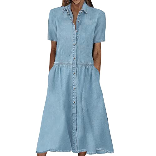 RMBLYfeiye Sexy Kleid Damen Sommerkleider Damen Dress Revers Einfarbiges Kurzarm Maxikleid Mit Taschen Knopfleiste Jeanskleid Vintage Rüschensaum Boho Kleid Maid Dress (Blau L) von RMBLYfeiye