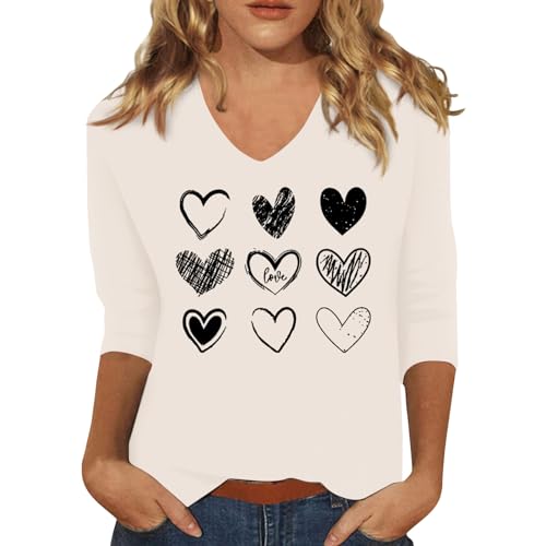 RMBLYfeiye Shirt Langarm Damen Funktionsshirt Damen Langarmshirt V-Ausschnitt Herz Druck Dreiviertelarm Shirt Leichte Ausgefallene Shirt Festliche Oberteile Leinenbluse (Beige, M) von RMBLYfeiye