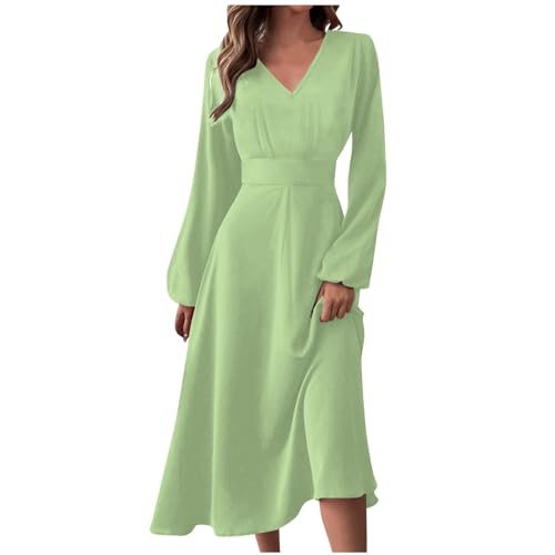 RMBLYfeiye Tunika Damen Sommer Weißes Kleid Kleid Festlich Einfarbiges V-Ausschnitt Laternenärmel Freizeitkleid Hohe Taille Tunika Kleid A Linien Cocktailkleid (Grün, S) von RMBLYfeiye