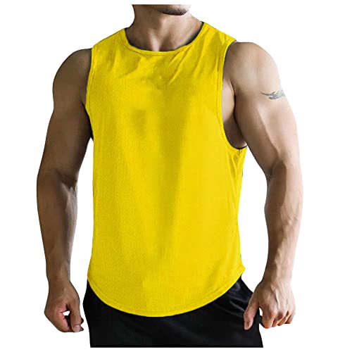 T Shirt Herren Lang Herren Hemd Langarm Laufshirt Herren Rundhals Einfarbiges Stringer Tank Top Regular Fit Muskelshirts Ärmellos Trägershirt Herren T Shirt (Gelb, M) von RMBLYfeiye