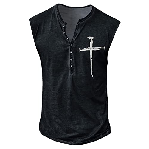 T-Shirts Für Herren Cowboy Hemd Herren T-Shirt Herren V-Ausschnitt Musterdruck Knopfleiste Henley Shirt Slim Fit Muskelshirts Ärmellos Stretch Gym Tank Top Tactical Shirts T-Shirt Weiß (Schwarz, Xl) von RMBLYfeiye