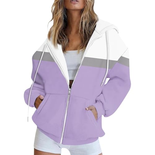 Warehouse Deals Angebote Sweatjacke Damen Mit Kapuze Zipper Hoodie Y2K Kuschel Pullover Damen Musterdruck Hoodie Jacke Leichte Zipper Hoodie Mit Taschen Oversize Sweatshirt Damen (Lila, Xxl) von RMBLYfeiye