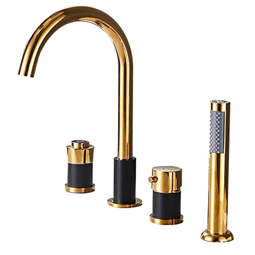 RNNYWDRQ Badewannenarmaturen Bad-Duschset 4-Loch Wannenmischbatterie mit Handbrause Duschset Badewannenmischbatterie Dusche 4-Loch Wannenhahn für Badezimmer Gold+Schwarz, Thermostatschalter von RNNYWDRQ