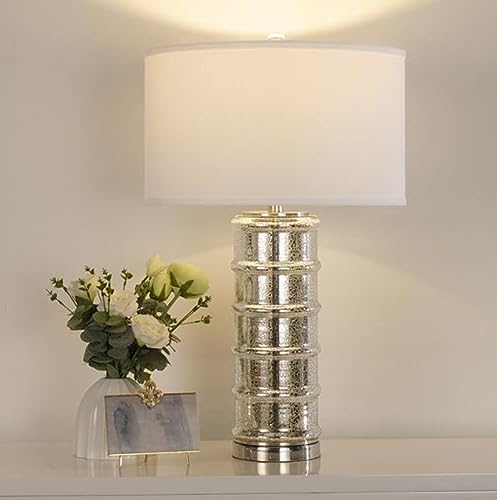 RNNYWDRQ Große Tischlampe Moderne Tischlampe im europäischen Stil Glas Nachttischlampe Minimalismus Schlafzimmer Wohnzimmer mit Stoffschirm E27*1 Hotel Café Dekorativ 43 * 75cm,Silber von RNNYWDRQ