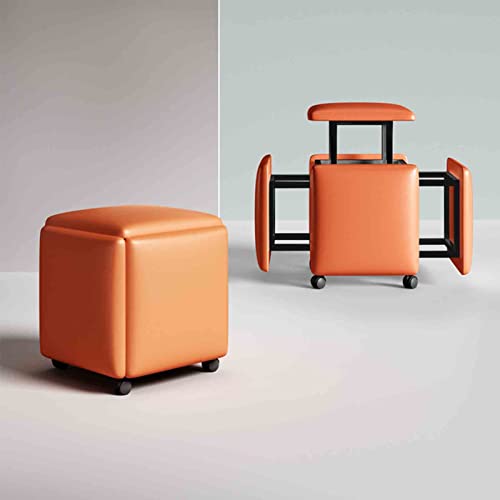 RNNYWDRQ Nesting Chair Orange PU-Leder Magic Cube Hocker, Esszimmersofa 5-in-1 stapelbare Ottomane mit Rahmen aus Kohlenstoffstahl und abnehmbaren Rädern (Größe: 38 x 38 x 34 cm) von RNNYWDRQ