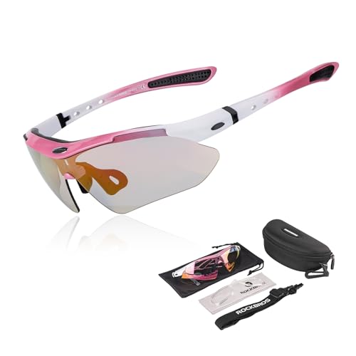 ROCKBROS Fahrradbrille Selbsttönend Brille Sonnenbrille Herren/Damen UV 400 mit Kopfband für Brillenträger Outdoorsport Laufen MTB Rosa von ROCKBROS