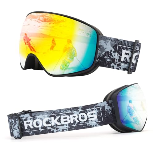 ROCKBROS Skibrille Snowboard Brille für Brillenträger UV-Schutz Goggle Helmkompatible Anti-Fog Brille Sportbrille für Skifahren Erwachsener Kind Windschutz Schwarz Erwachsener von ROCKBROS