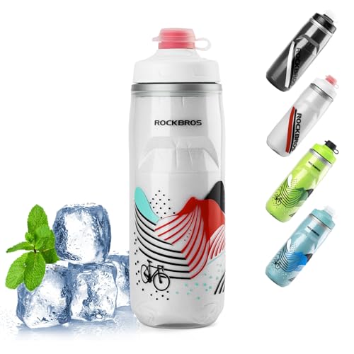 ROCKBROS Trinkflasche Fahrrad 620 ml auslaufsichere Sportflasche 5 H Kühlenhalten Wasserflasche Water Bottle für Radsport, Fitness, Wandern Weiß rot von ROCKBROS