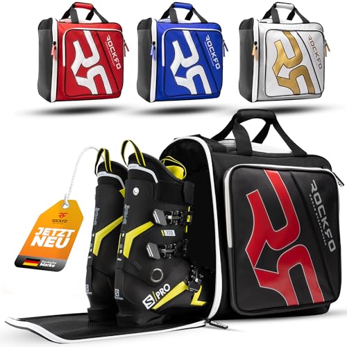 ROCKRO Skischuhtasche mit Helmfach - Robuste Tasche für Skischuhe - Wasserabweisende Skistiefeltasche mit Helmfach - Praktischer 7 Zonen Ski Rucksack für Ski Schuhe Helm Skibrille Wertsachen von ROCKRO