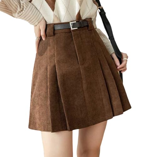 ROFIHOKS Cordrock für Damen, Falten-Miniröcke, A-Linien-Cordröcke für Damen mit hoher Taille (Brown,XL) von ROFIHOKS