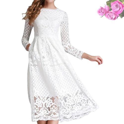 ROFIHOKS Damen-Maxikleid aus gehäkelter Spitze im Vintage-Stil, Spitzenkleid in A-Linie, schmale, Lange Spitzenkleider mit Hohlsaum für Damen (White,L) von ROFIHOKS