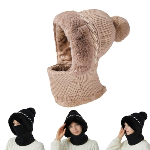 ROFIHOKS Damen-Wintermütze, Strickmütze mit Ohrenschützern, 2-in-1-Kapuzenschal, Dicke warme Mütze (Khaki,One Size) von ROFIHOKS