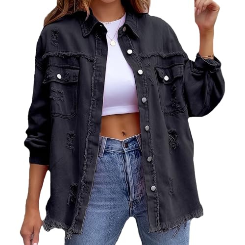 ROFIHOKS Die Jeansjacke von Beauty North, übergroße Jeansjacke mit zerrissenen Fransen und Taschen für Damen (Black,S) von ROFIHOKS