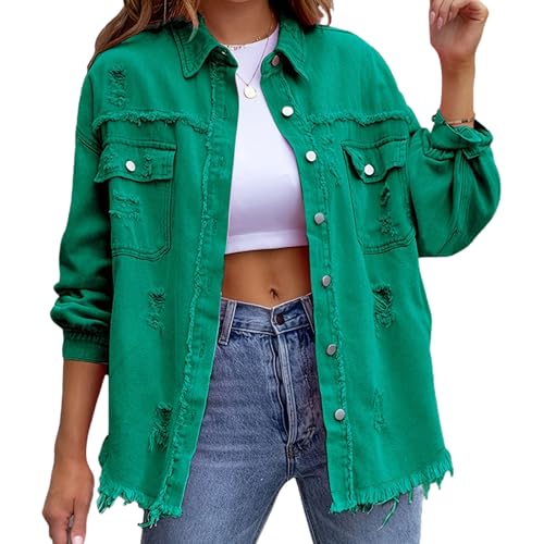 ROFIHOKS Die Jeansjacke von Beauty North, übergroße Jeansjacke mit zerrissenen Fransen und Taschen für Damen (Green,L) von ROFIHOKS