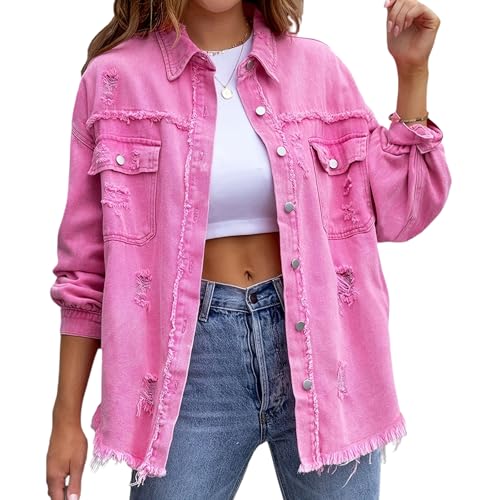 ROFIHOKS Die Jeansjacke von Beauty North, übergroße Jeansjacke mit zerrissenen Fransen und Taschen für Damen (Pink,L) von ROFIHOKS