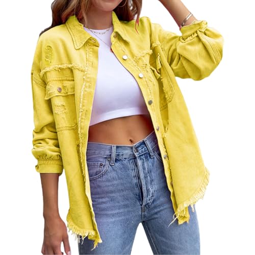 ROFIHOKS Die Jeansjacke von Beauty North, übergroße Jeansjacke mit zerrissenen Fransen und Taschen für Damen (Yellow,M) von ROFIHOKS