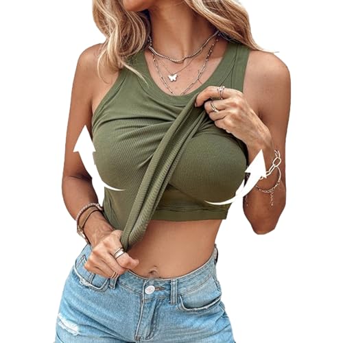 ROFIHOKS Geripptes Tanktop mit Rundhalsausschnitt und BH-Einlagen, Tanktops für Damen mit integriertem BH, lässiges Trägertop (Green,M) von ROFIHOKS