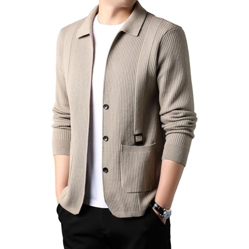 ROFIHOKS Herren-Strickjacke mit Revers und Langen Ärmeln, Herren-Strickjacke mit Knopf- und Taschenmuster, lässige, schmale Jacke (Khaki,L) von ROFIHOKS