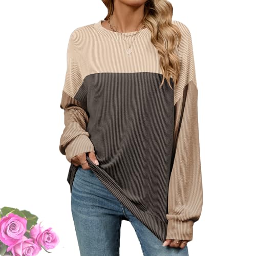 ROFIHOKS Langarmshirts für Damen, Farbblock, leichte Rundhals-Strick-RIPP-Oberteile, lockerer Schnitt, Pullover (Style/G,L) von ROFIHOKS