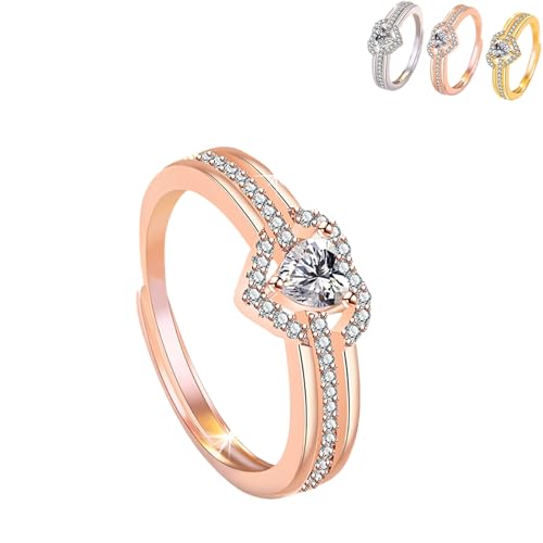 ROFIHOKS Mehrlagiger Herzring, Verstellbarer Herz-Zirkoniaring, glänzender Zirkoniaring für Frauen (Rose Gold,Opening Adjustable) von ROFIHOKS