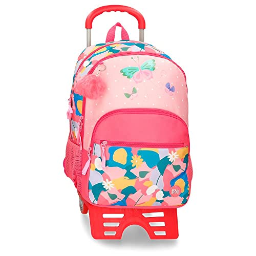 Roll Road Precious Flower Schulrucksack mit doppeltem Fach mit Trolley, Rosa, 32 x 44 x 22 cm, Polyester, 30,98 l, Rosa, Schulrucksack mit doppeltem Fach und Trolley von Roll Road