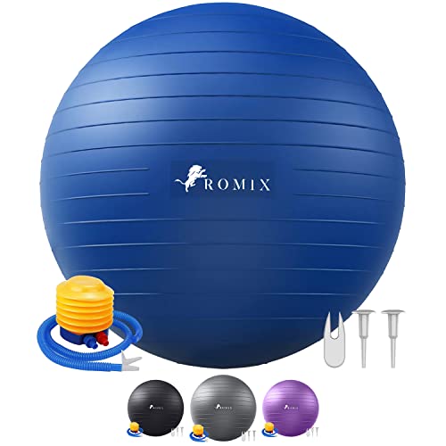 ROMIX Gymnastikball 55cm 65cm 75cm, Anti-Burst Sitzball mit Luft-Pumpe für Balance und Stabilität, Aufblasbarer Pilates Ball für Yoga Übung, Ball für Fitness, Gymnastikball Schwangerschaft (blau) von ROMIX