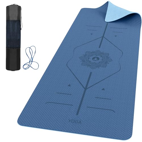 ROMIX Yoga Matte 6mm (183 x 61 x 0.6cm) Dick Doppelseitig TPE Gymnastikmatte mit Tragetasche, Umweltfreundlich Rutschfest Joga Sport Fitness matte für Männer Frauen Yoga Training Yogamatte (Blau) von ROMIX