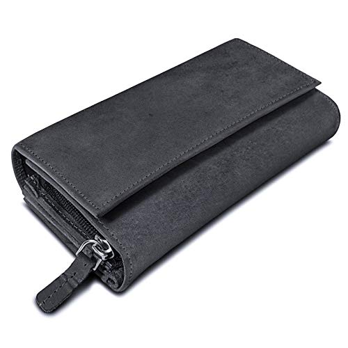 ROYALZ 'Orelia' Vintage Leder Geldbörse für Damen Portemonnaie groß mit vielen Fächern RFID-Blocker Brieftasche Querformat, Farbe:Navy Grau ROYALZ 'Orelia' Vintage Leder Geldbörse für Damen Portemonnaie groß mit vielen Fächern RFID-Blocker Brieftasche Querformat, Farbe:Navy Grau von ROYALZ