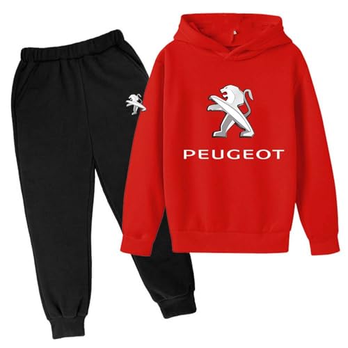 RPENGYAO Kinder Jogginganzug Sets P-Eugeot Hoodie+Hose Sets, Jungen Und Mädchen Trainingsanzug Sportanzug Baumwolle Sportbekleidung Kapuzenjacke + Sporthose, 140, Red von RPENGYAO