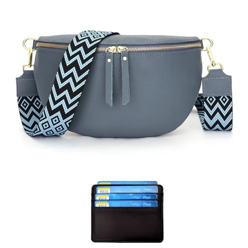 RQJZ Groß bauchtasche damen umhängetasche damen mittelgroß Echtleder crossbody bag damen stylisch gürteltasche damen mit 5cm breiter gurt Graublau von RQJZ