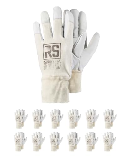 RS Soft TEC 8 Montage-Handschuhe verstärktes Ziegenleder/Größe 8, 12 Paar/Weiß/Montagehandschuhe/Arbeitshandschuhe Leder Herren Damen robuste Lederhandschuhe Schutzhandschuhe von RS